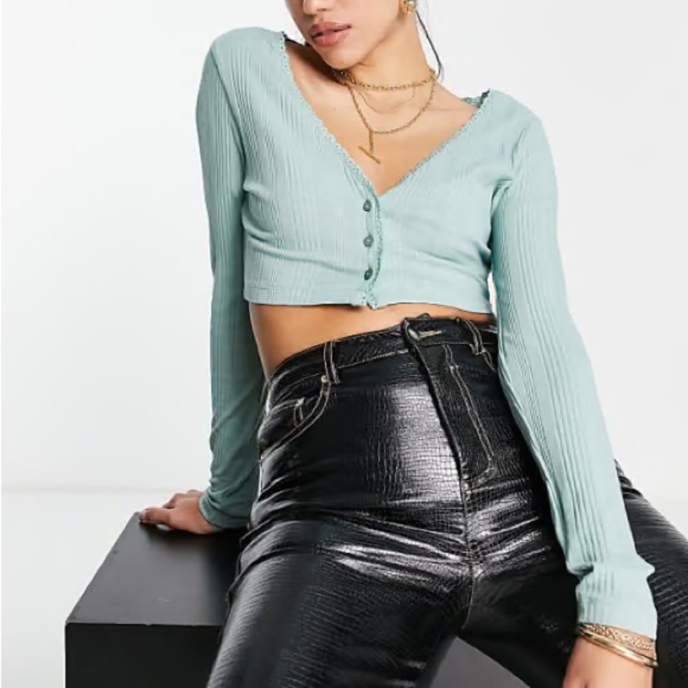 ASOS DESIGN Ribbed Cardigan with Lace Trim in Sage Button Top Sz 12